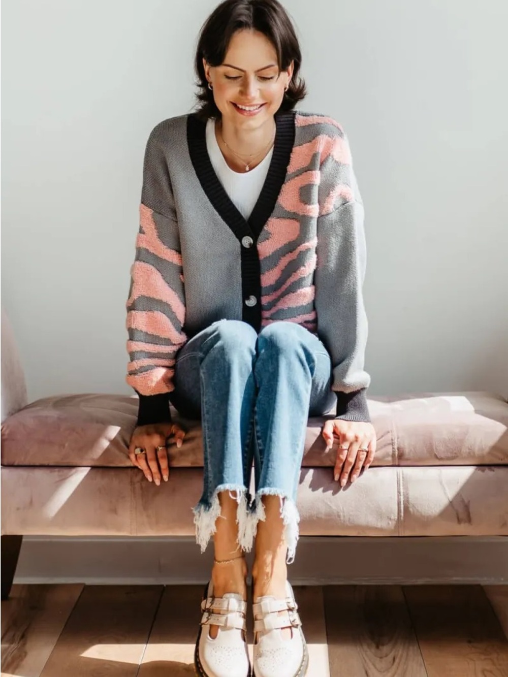Simply Southern NWT Gray and Pink Patterned V-Neck cropped Cardigan